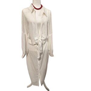 Tea & Cup White Dress Tie front Button down skirt exposed back Size Large